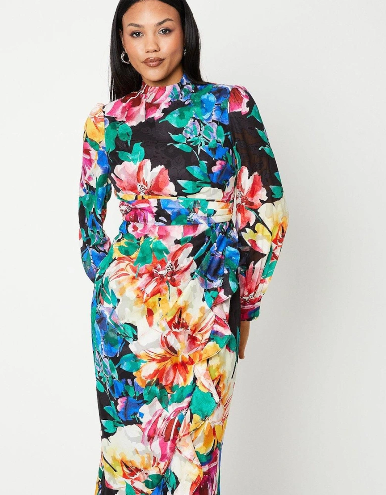 Blouson Sleeve Georgette Jacquard Printed Midi Dress