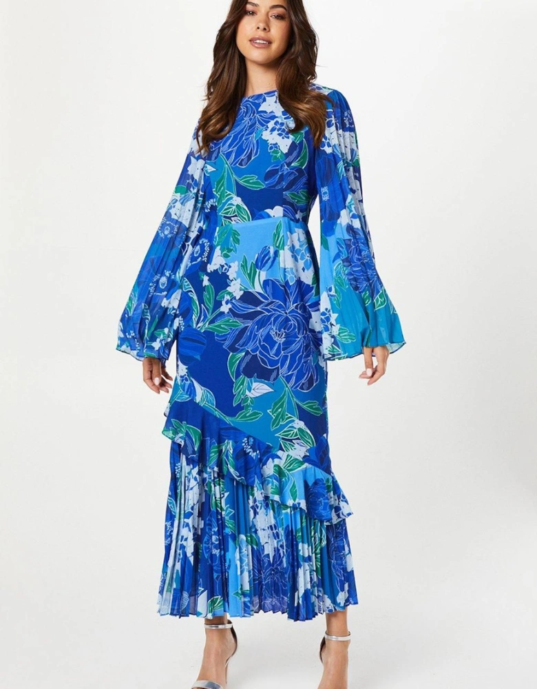 Pleat Mix Printed Long Sleeve Midaxi Wedding Guest Dress