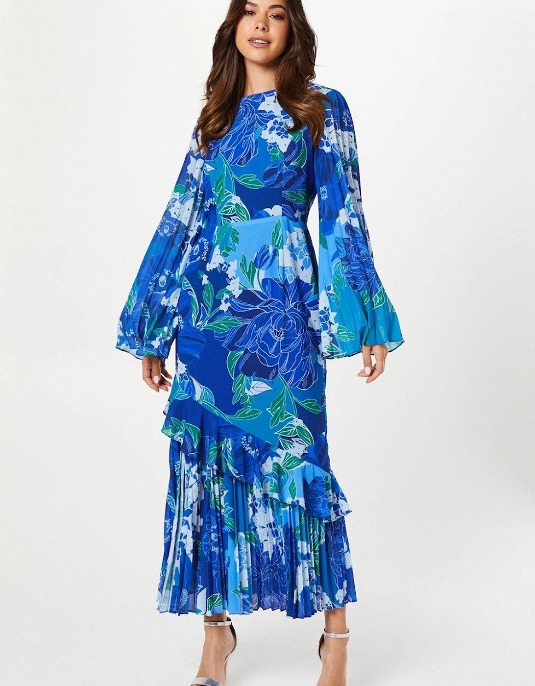 Pleat Mix Printed Long Sleeve Midaxi Wedding Guest Dress, 5 of 4