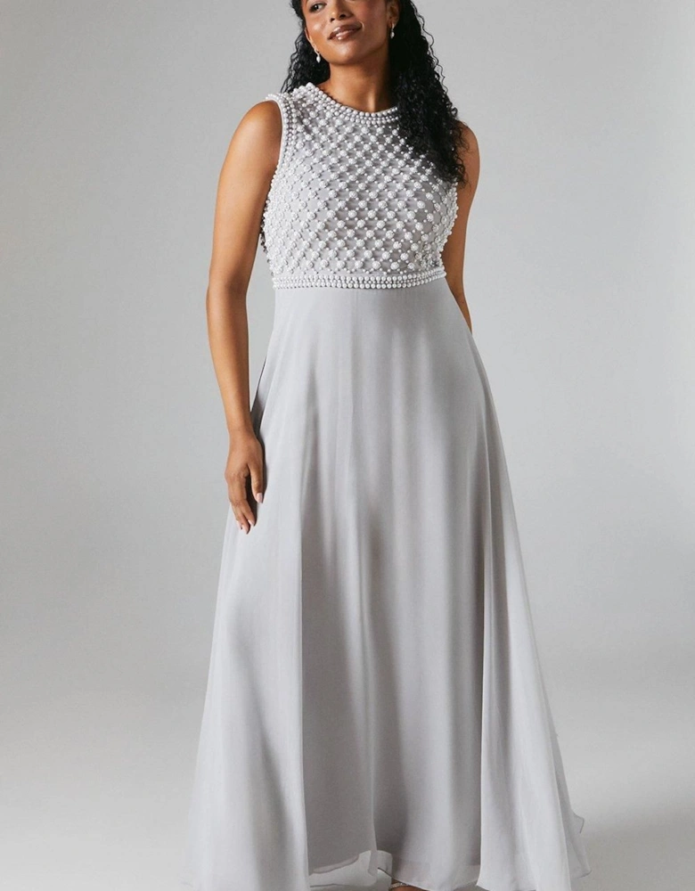 Sleeveless Pearl Embellishment Georgette Bridesmaid Maxi Dress