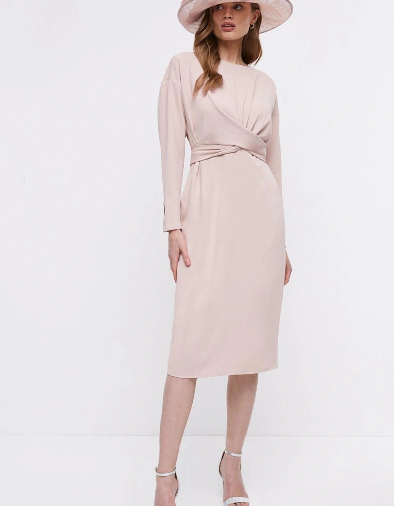 Midi Pencil Dress With Twist Front & Long Sleeve
