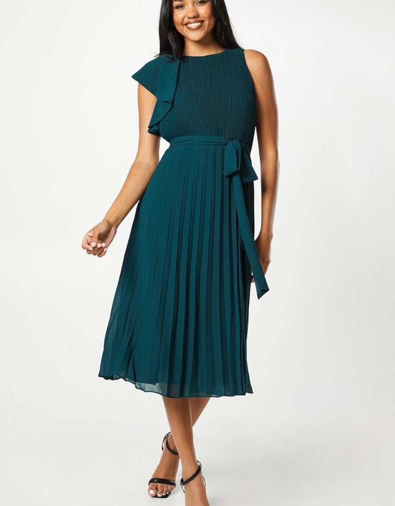 All Over Pleated Tie Waist Midi Dress