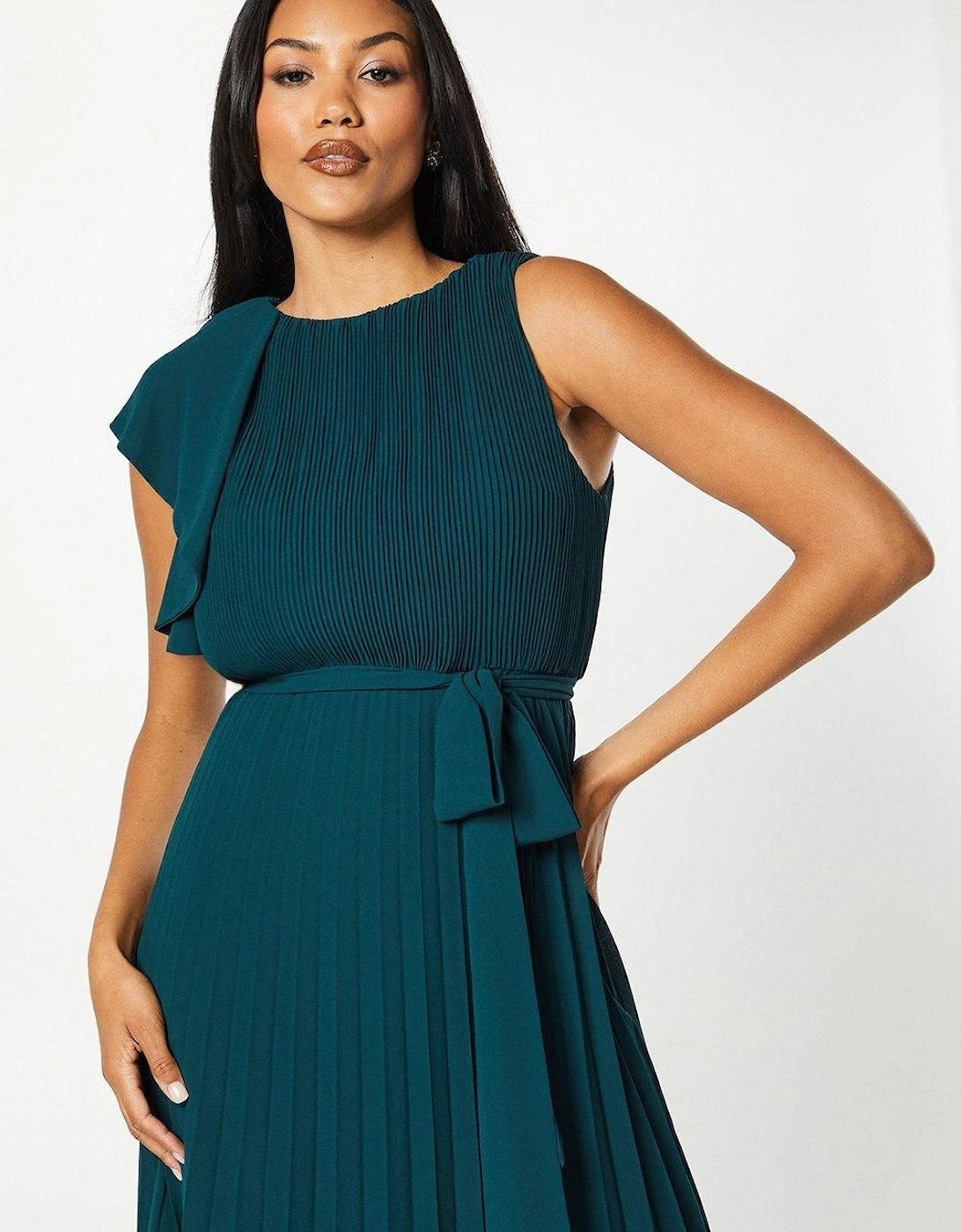 All Over Pleated Tie Waist Midi Dress