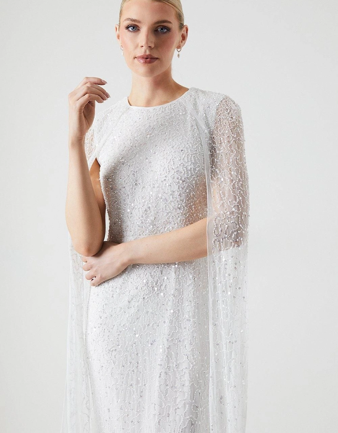 Embellished Cape Sleeve Wedding Dress