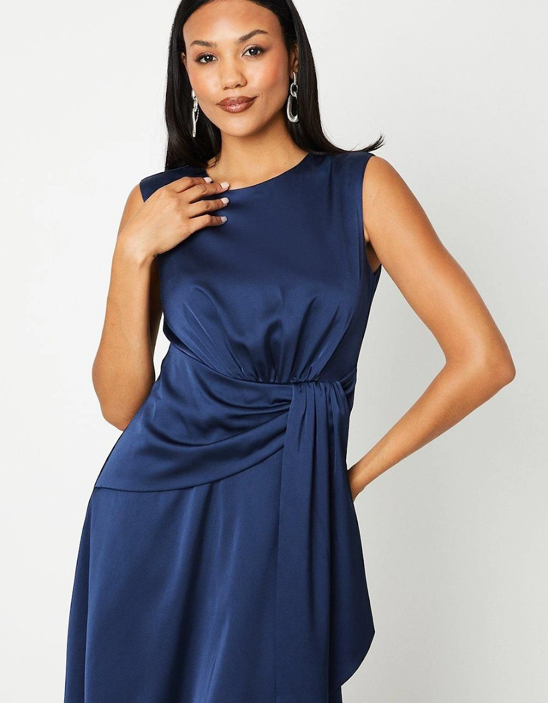 Sash Front Drape Skirt Satin Midi Dress