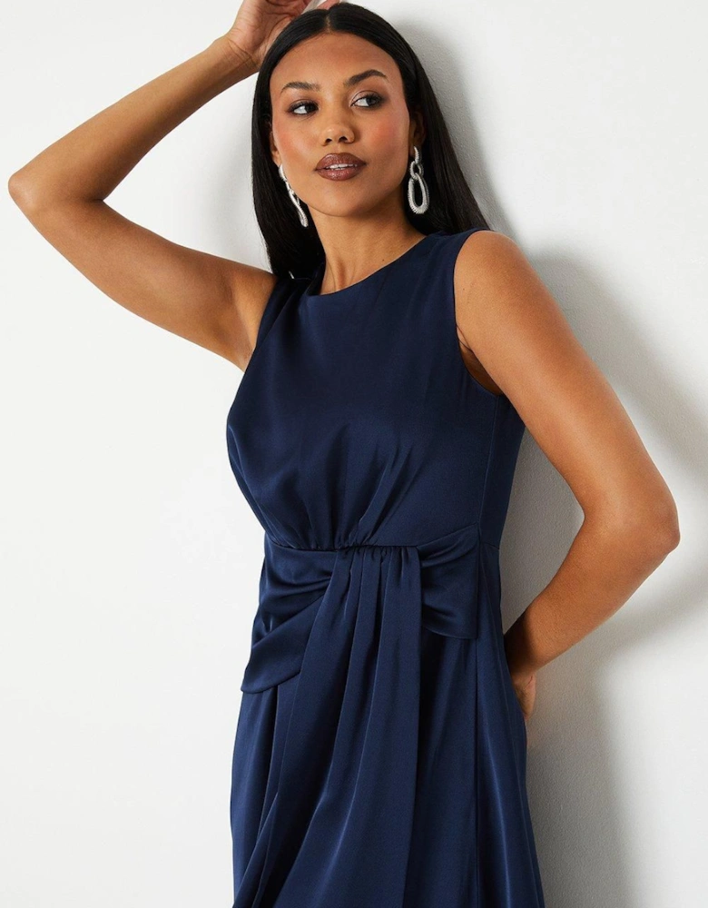 Sash Front Drape Skirt Satin Midi Dress