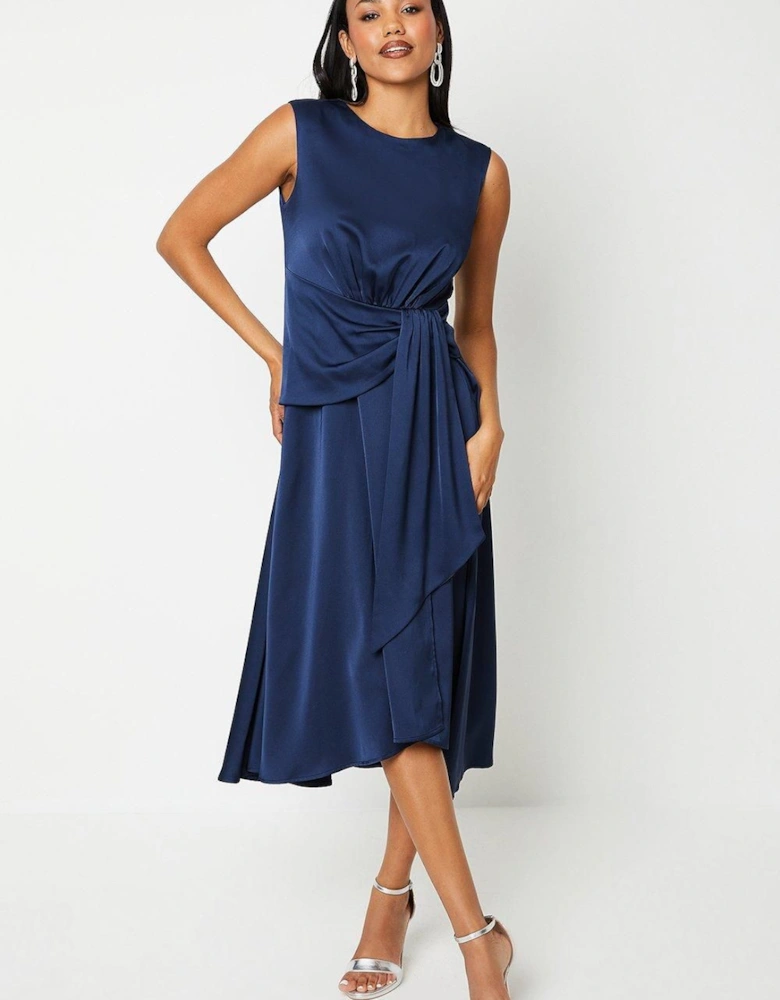 Sash Front Drape Skirt Satin Midi Dress