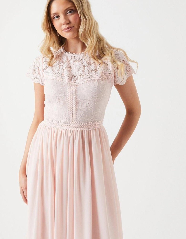 Short Sleeve Eyelash Bodice Bridesmaid Dress