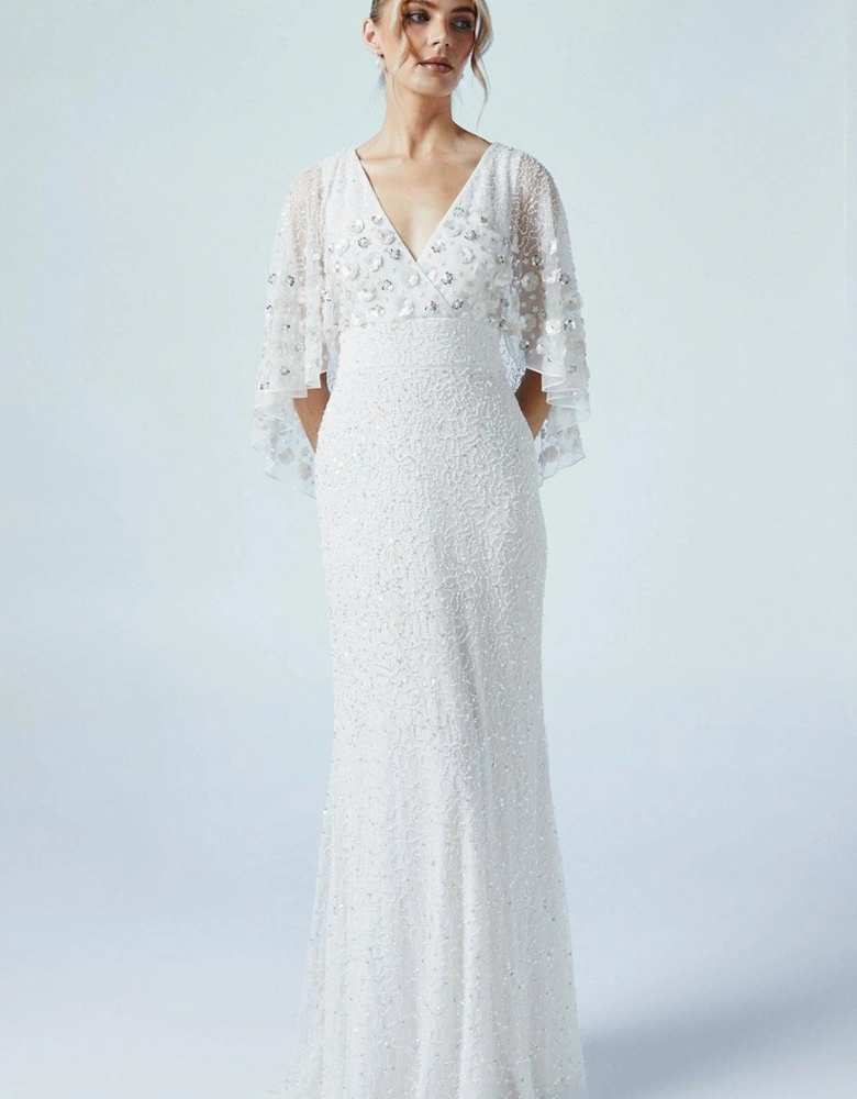 Floral Embellished Cape Bridal Maxi Dress