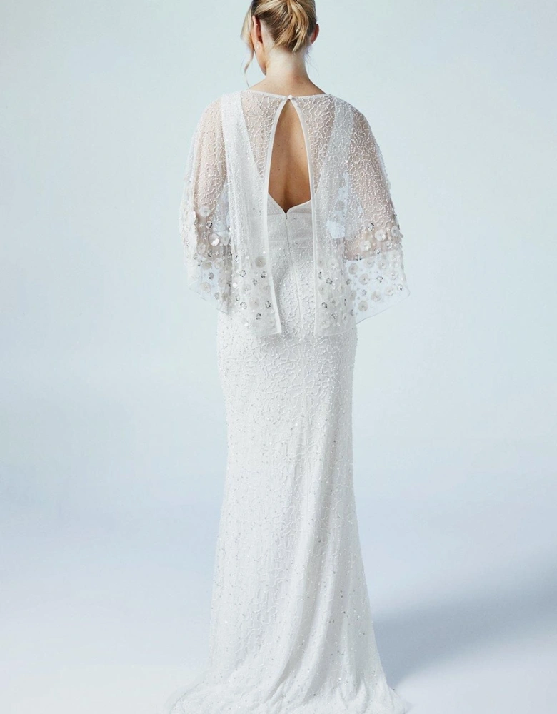 Floral Embellished Cape Bridal Maxi Dress