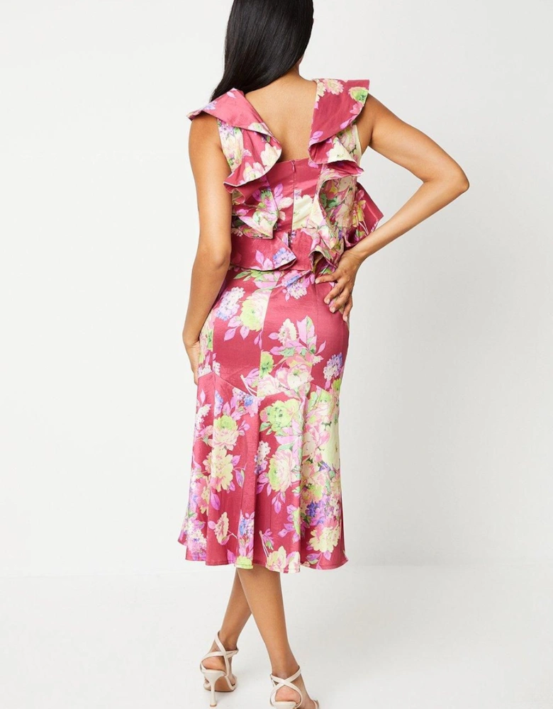 Printed Ruffle Sleeve Midi Wedding Guest Dress