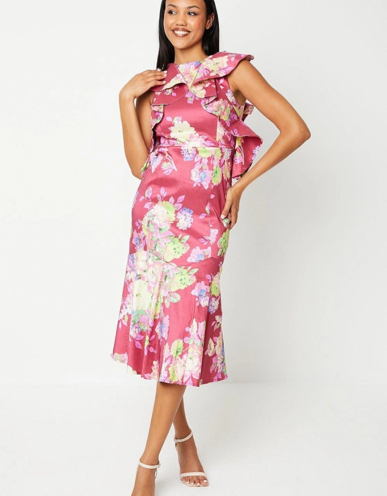 Printed Ruffle Sleeve Midi Wedding Guest Dress