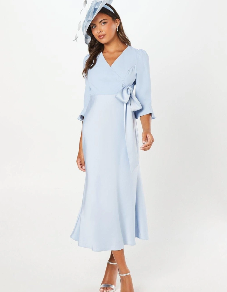 Ruffle Sleeve Satin Back Crepe Wrap Dress