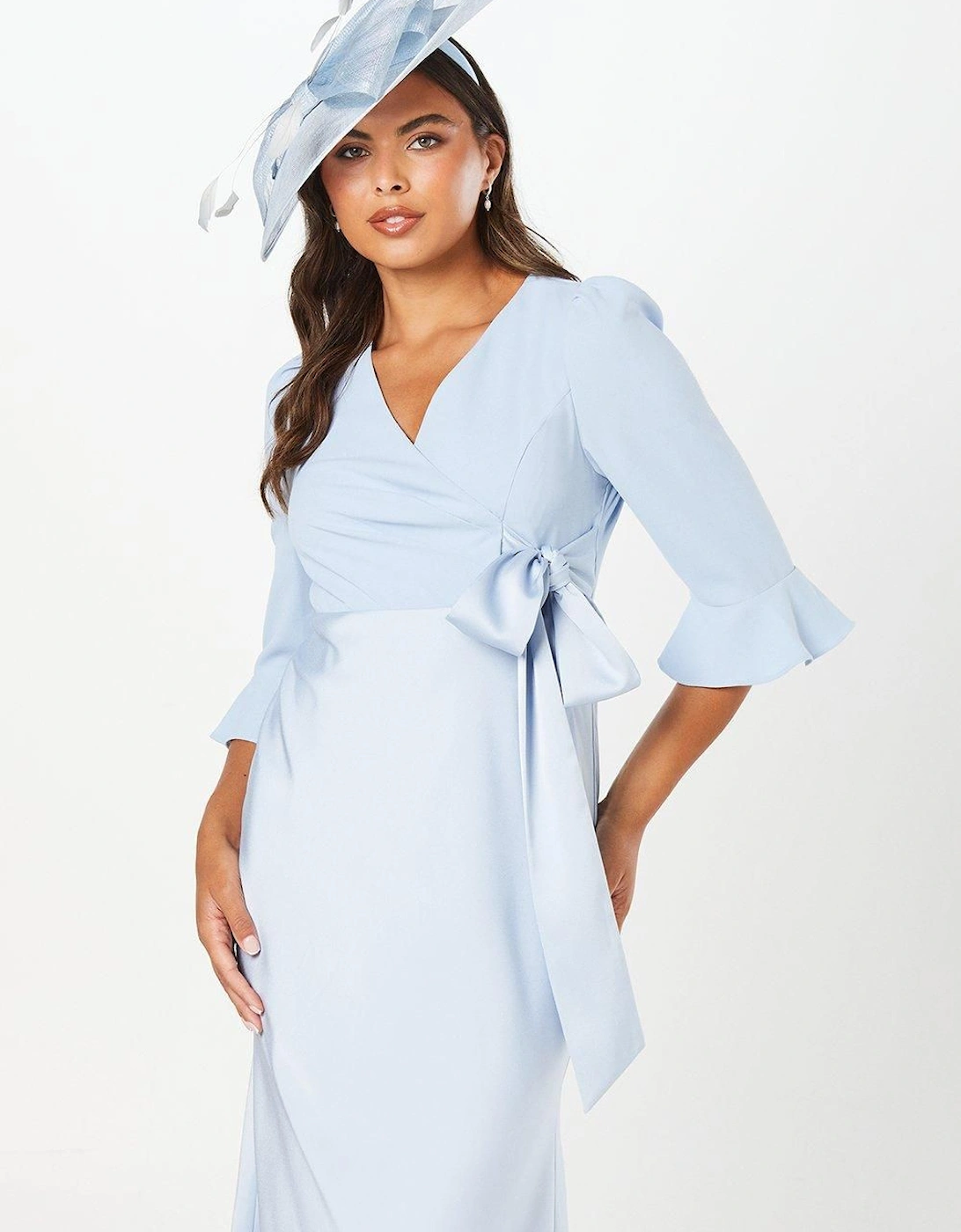 Ruffle Sleeve Satin Back Crepe Wrap Dress