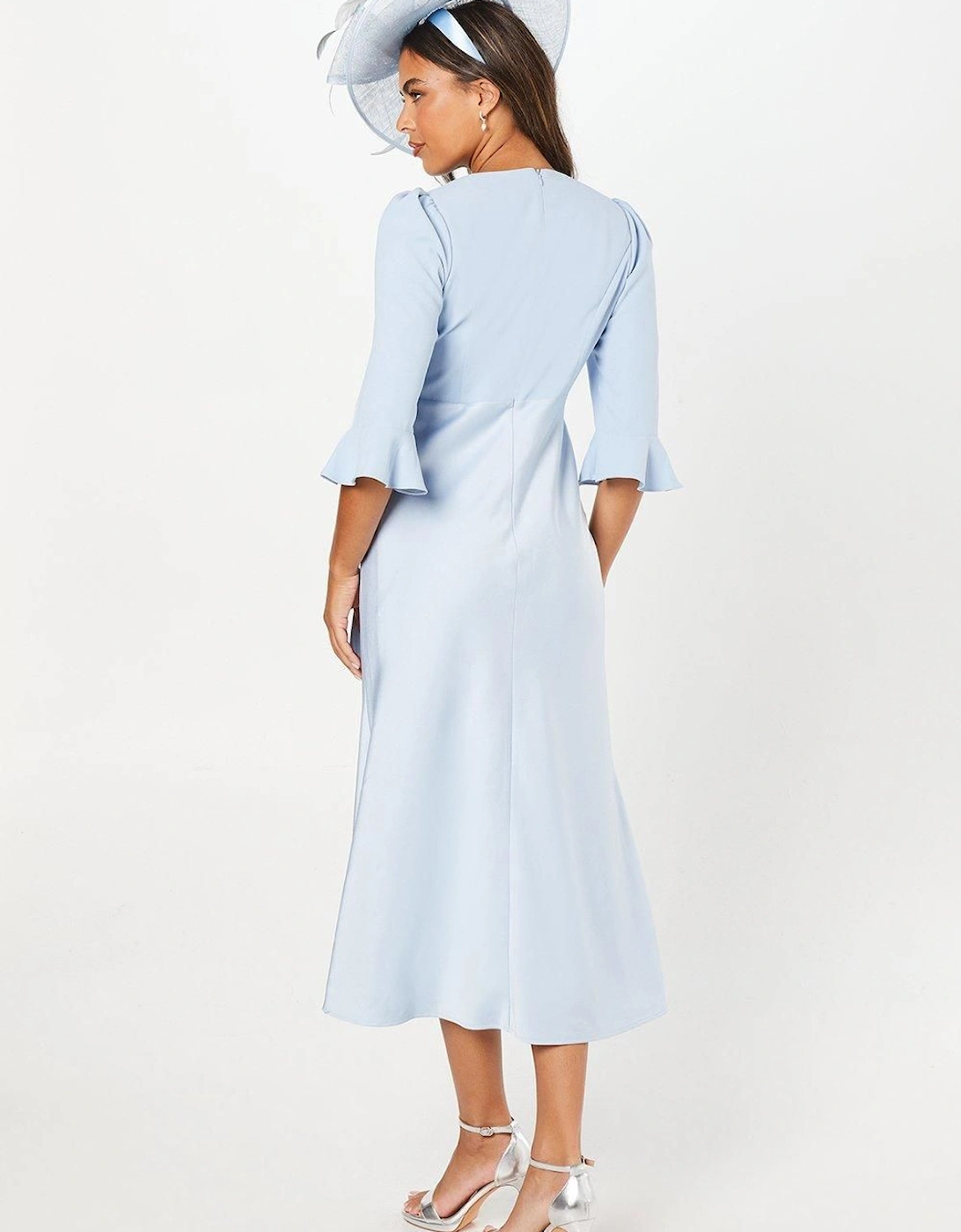 Ruffle Sleeve Satin Back Crepe Wrap Dress