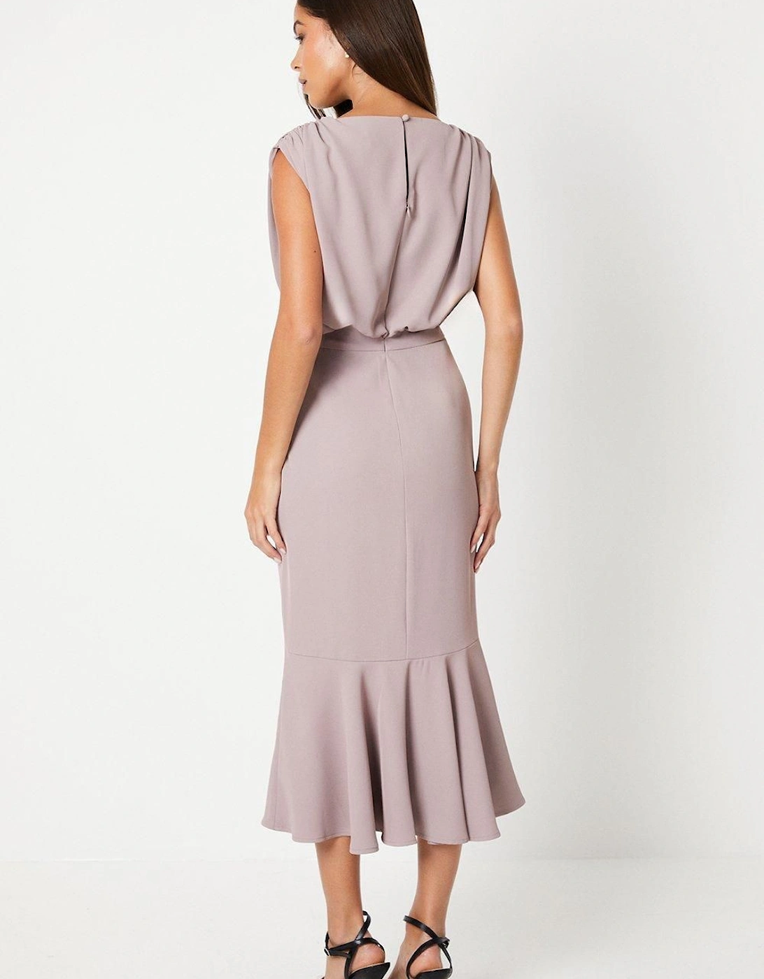 Drape Crepe Blouson Flute Hem Midi Wedding Guest Dress