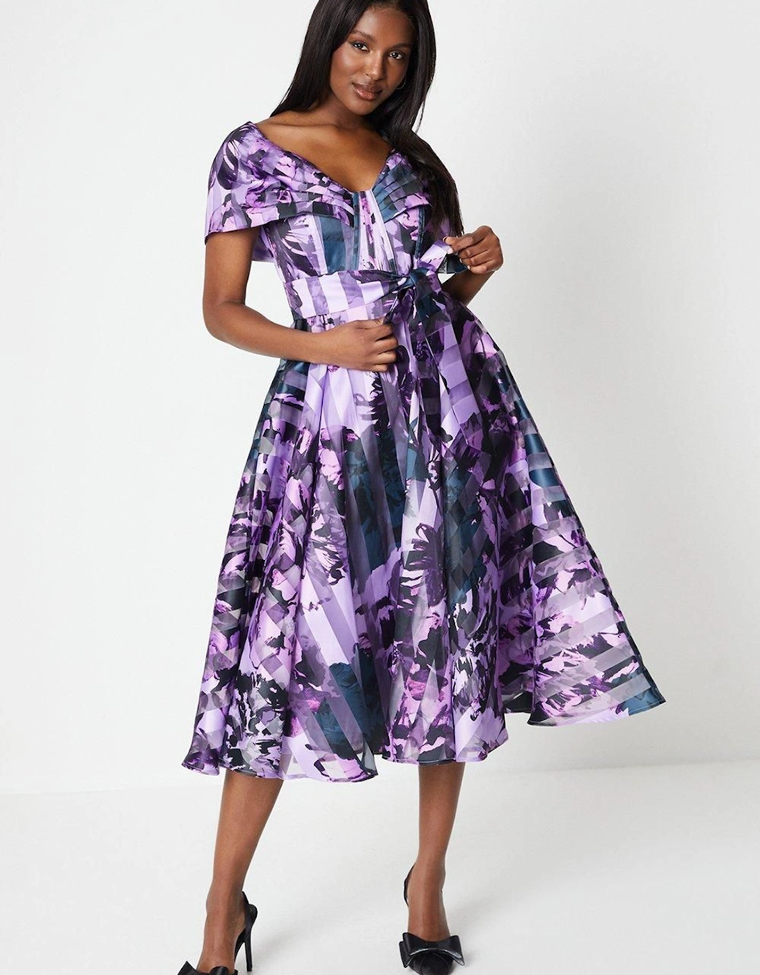 Bardot Detail Flare Skirt Printed Organza Midi Dress, 6 of 5