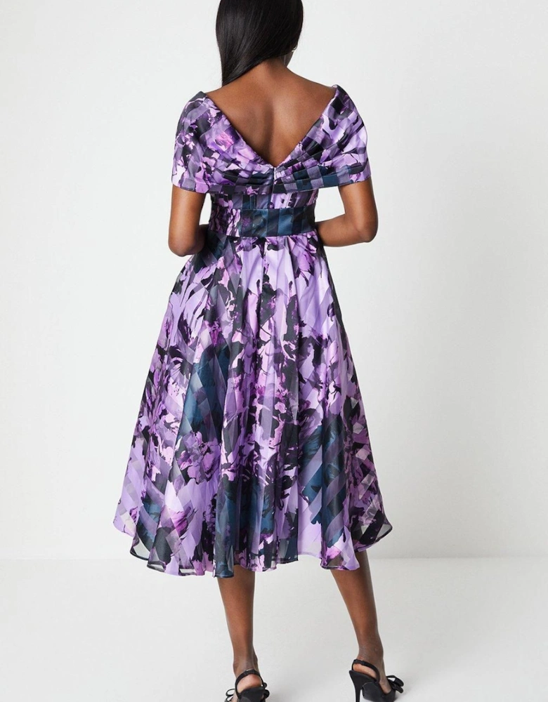 Bardot Detail Flare Skirt Printed Organza Midi Dress