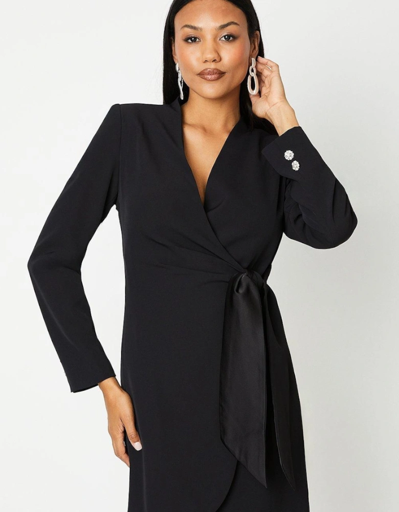 Drape Wrap Blazer Dress With Gem Buttons