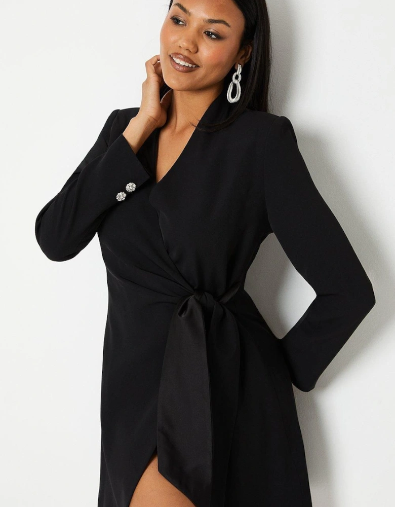 Drape Wrap Blazer Dress With Gem Buttons
