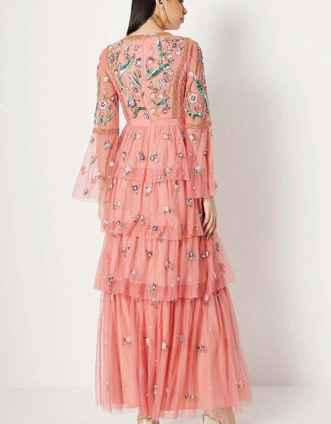 Hand Embellished Tiered Skirt Maxi Dress