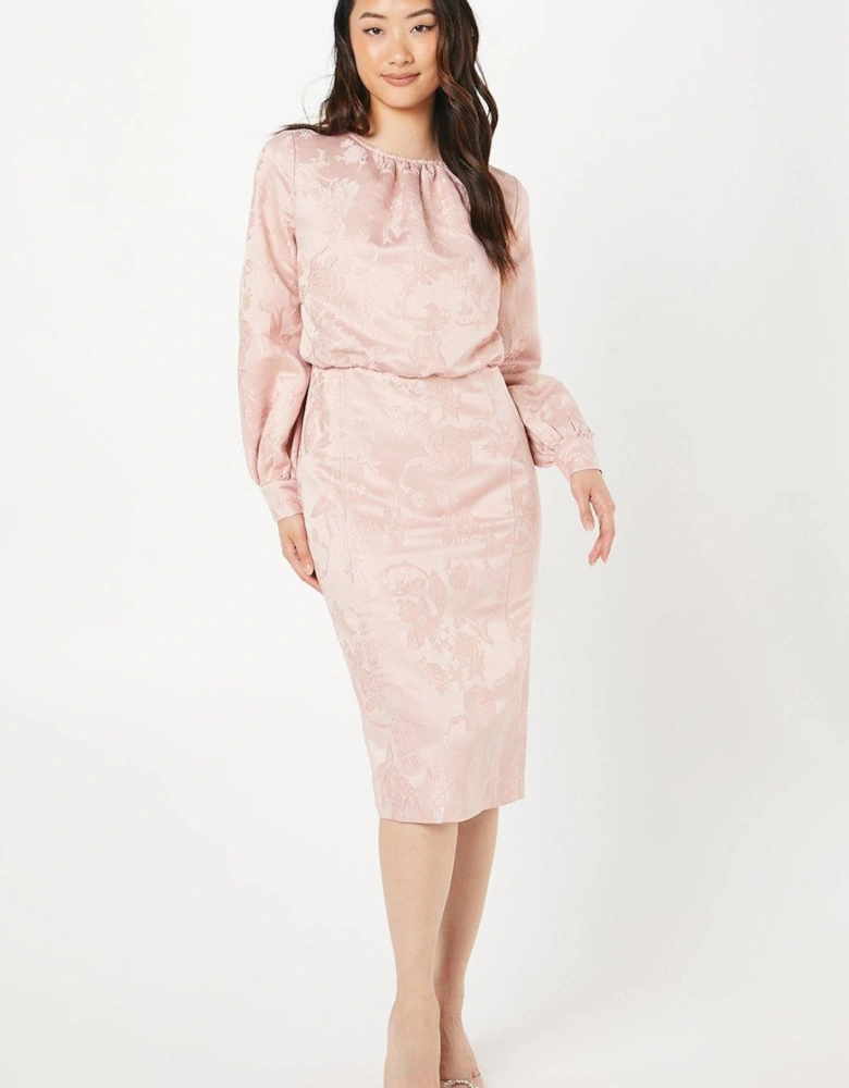 Jacquard And Organza Square Neck Angel Sleeve Pencil Dress