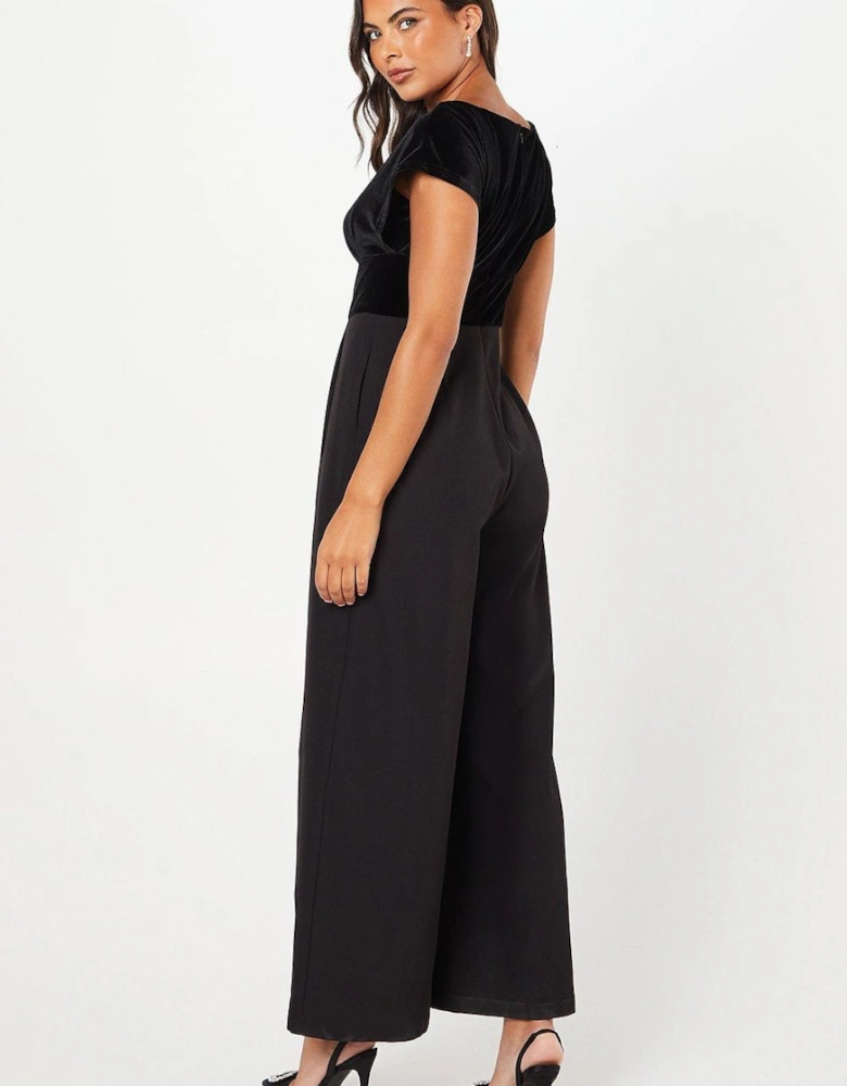 Velvet Bodice Pleat Detail Jumpsuit