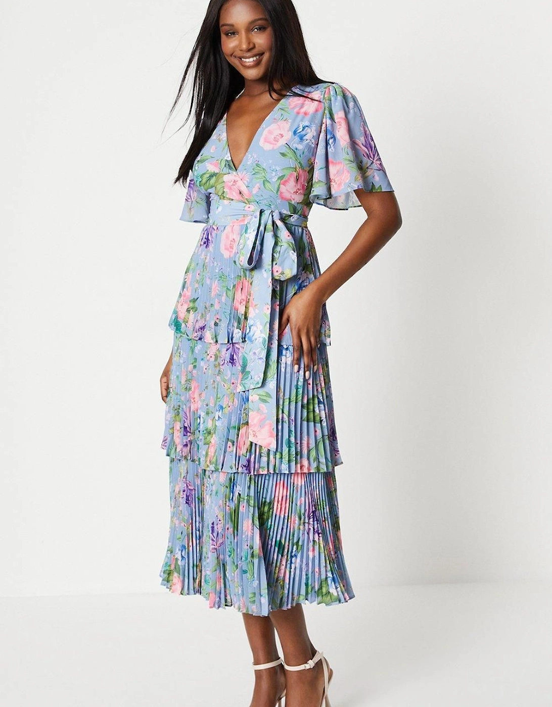 Cross Waist Puff Sleeve Tiered Midi Dress, 6 of 5