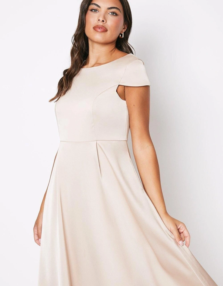 Scoop Neck Cap Sleeve Satin Midi Dress