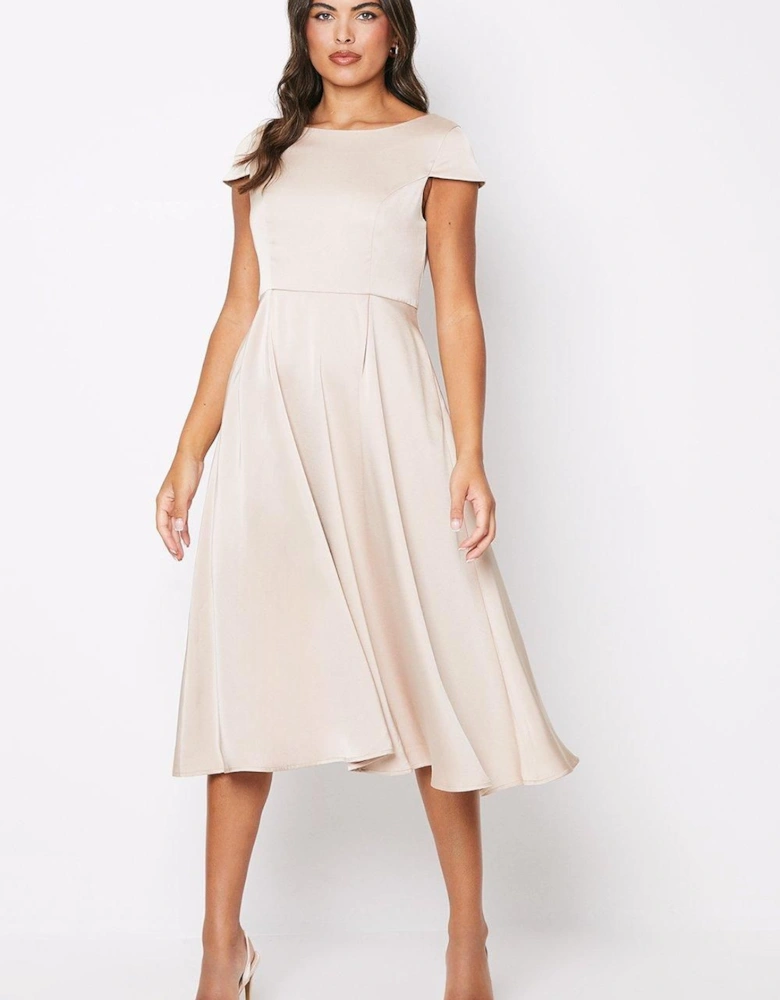 Scoop Neck Cap Sleeve Satin Midi Dress