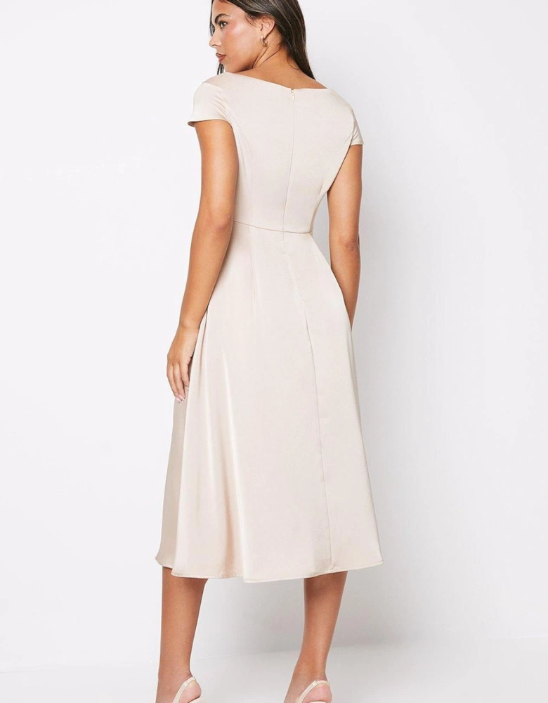 Scoop Neck Cap Sleeve Satin Midi Dress