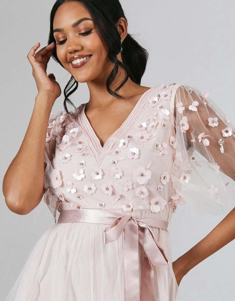 Angel Sleeve Trailing Floral Embellished Bridesmaids Dress