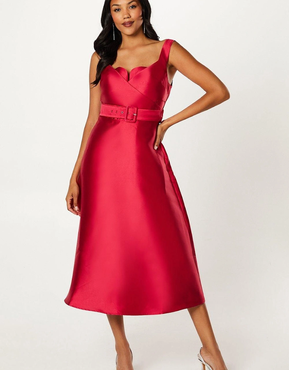 Satin Twill Cross Over Bodice Belted Midi Dress, 6 of 5