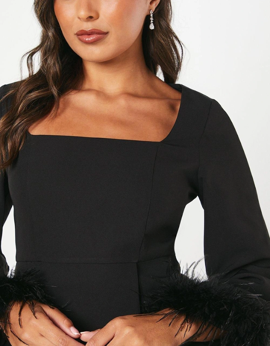 Feather Cuff Long Sleeve Pencil Dress