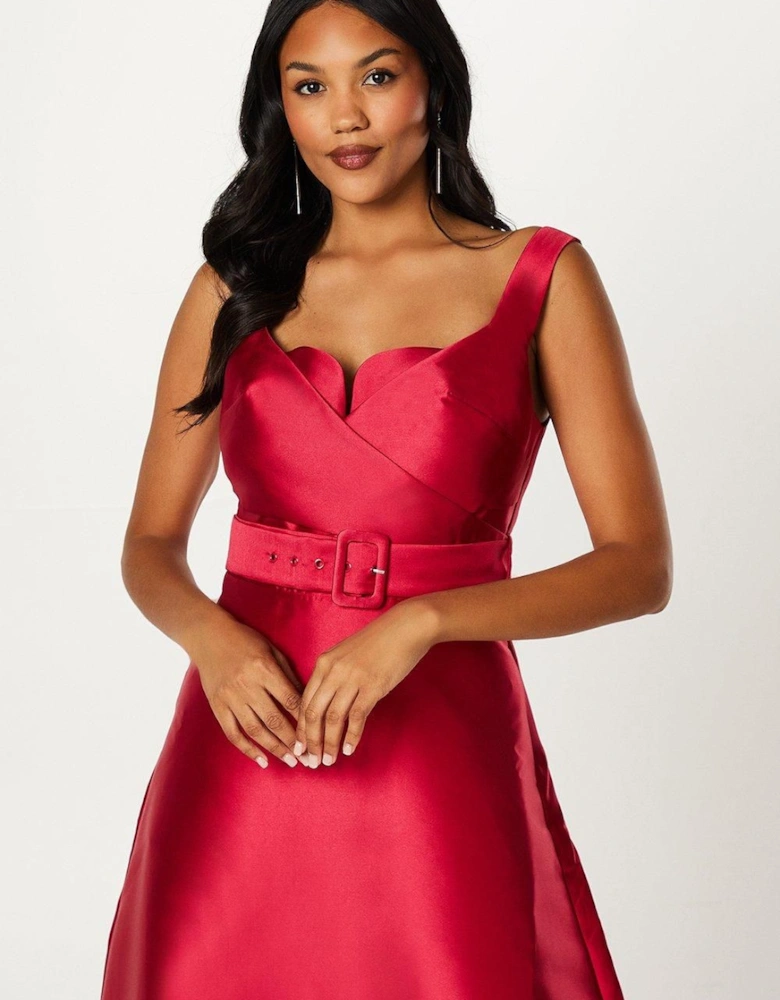 Satin Twill Cross Over Bodice Belted Midi Dress