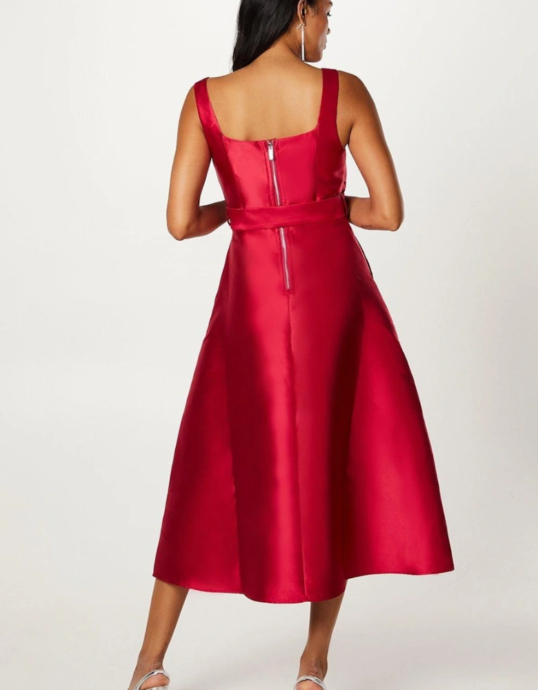 Satin Twill Cross Over Bodice Belted Midi Dress