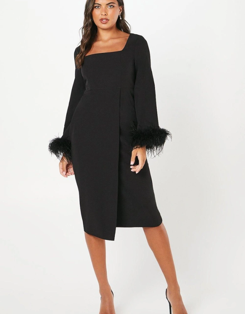 Feather Cuff Long Sleeve Pencil Dress