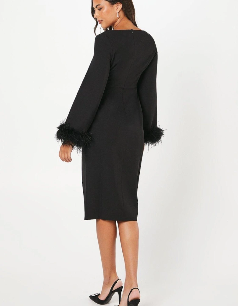 Feather Cuff Long Sleeve Pencil Dress