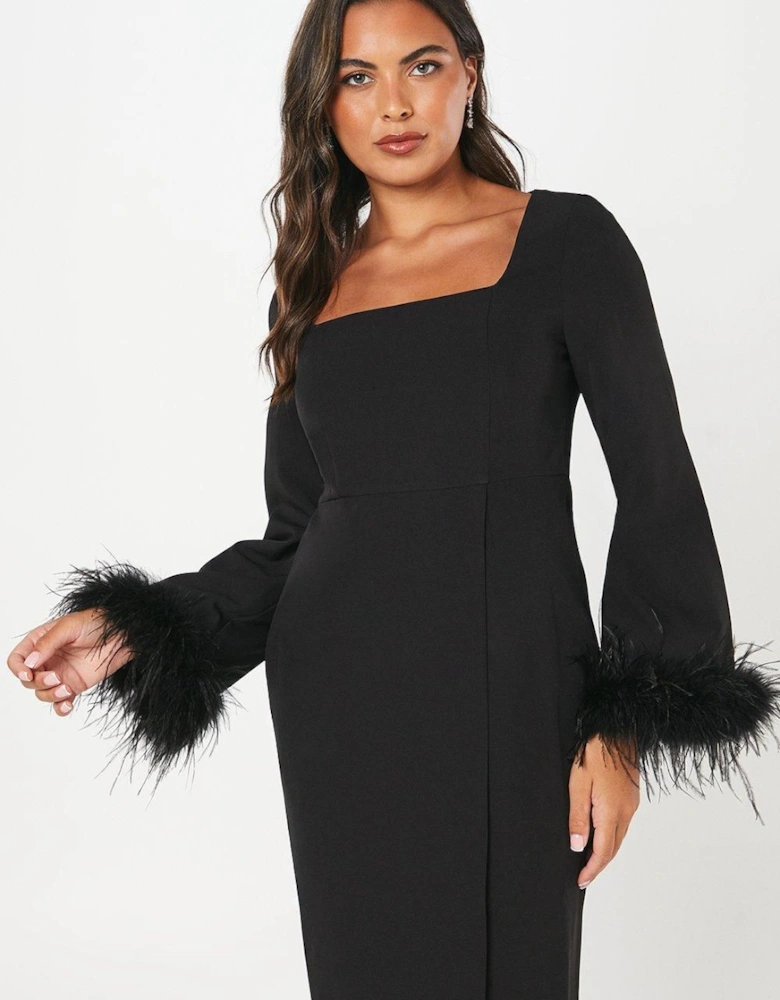 Feather Cuff Long Sleeve Pencil Dress