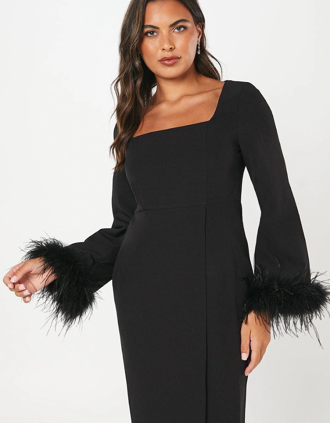 Feather Cuff Long Sleeve Pencil Dress