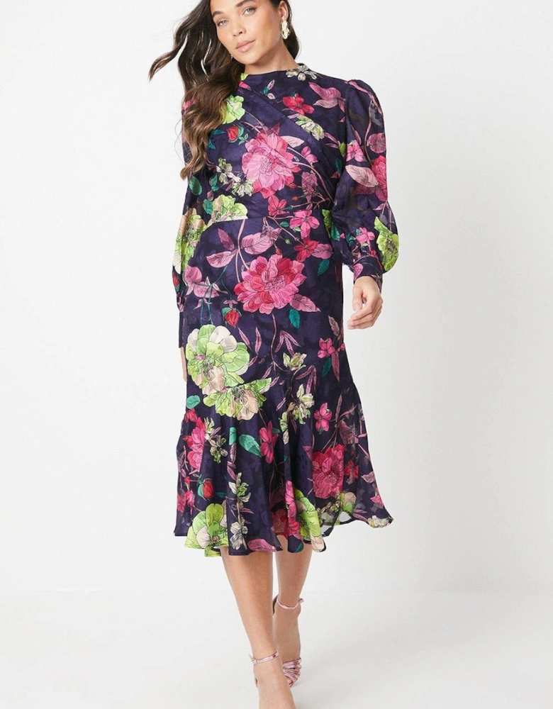 Petite Floral Jacquard Long Sleeve Midi Dress