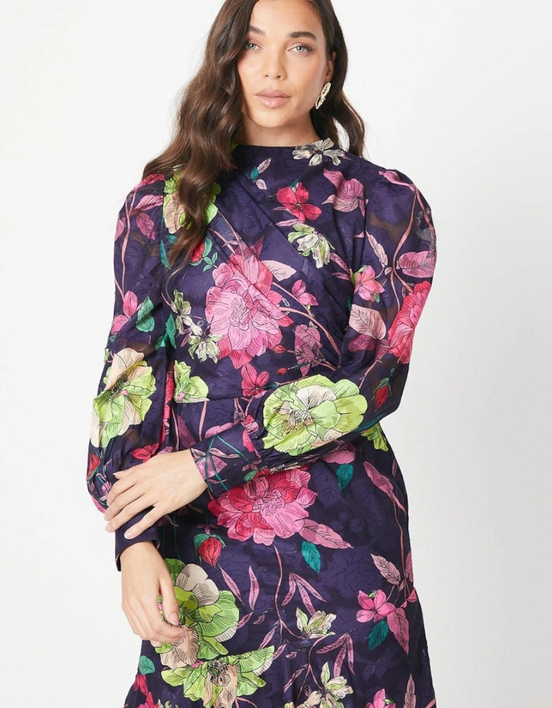 Petite Floral Jacquard Long Sleeve Midi Dress