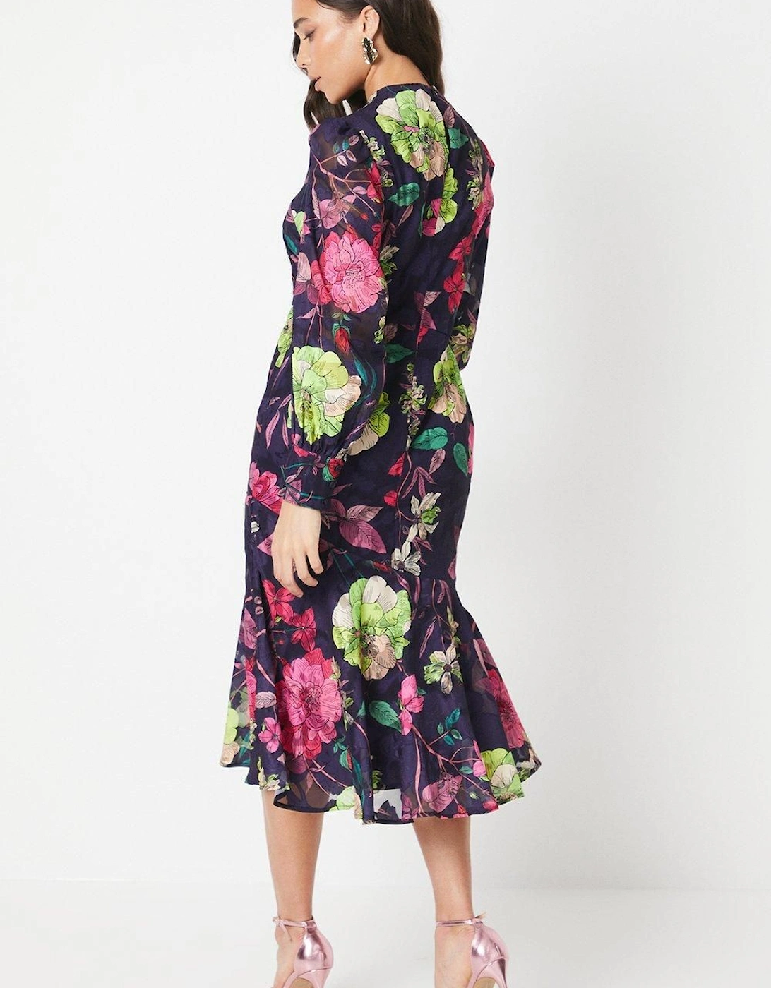 Petite Floral Jacquard Long Sleeve Midi Dress