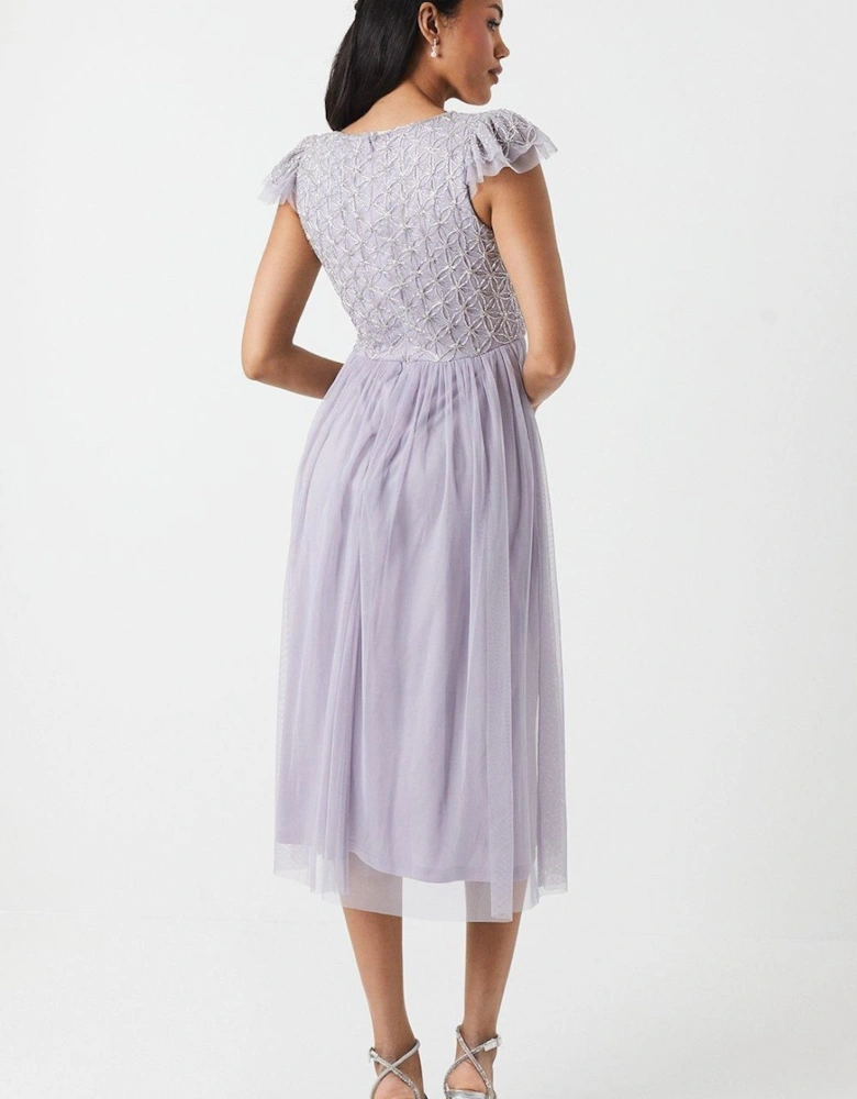 Geometric Embroidered Flutter Sleeve Bridesmaid Midi Dress