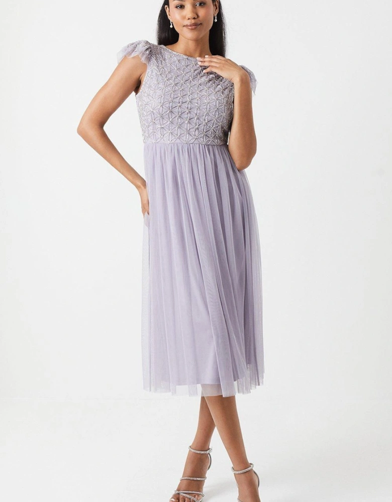 Geometric Embroidered Flutter Sleeve Bridesmaid Midi Dress