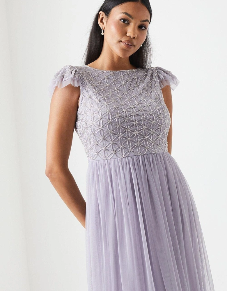 Geometric Embroidered Flutter Sleeve Bridesmaid Midi Dress