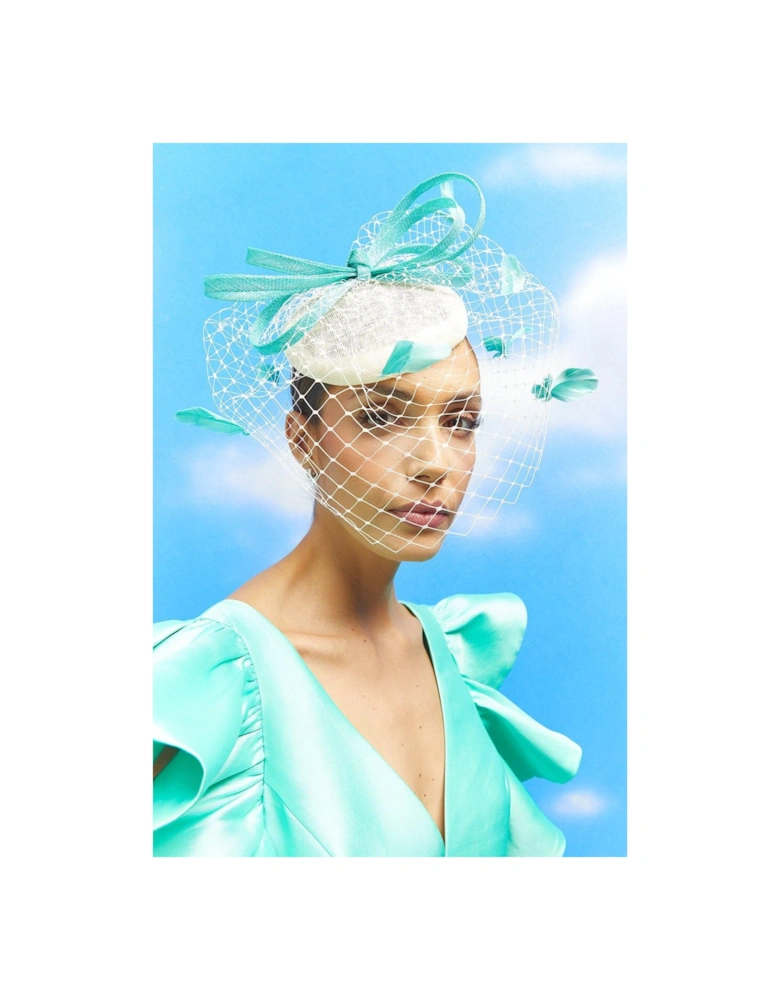 Lisa Tan Bow And Mesh Feather Detail Pillbox Fascinator
