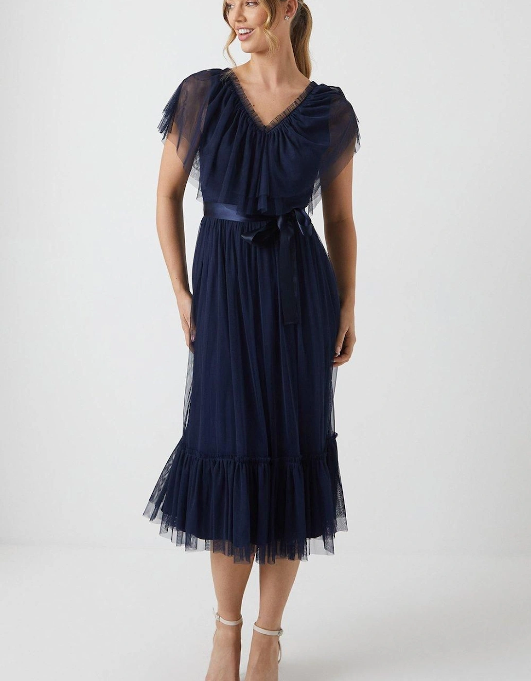 V Neck Frill And Ribbon Detail Tiered Bridesmaid Midi Dress, 2 of 1