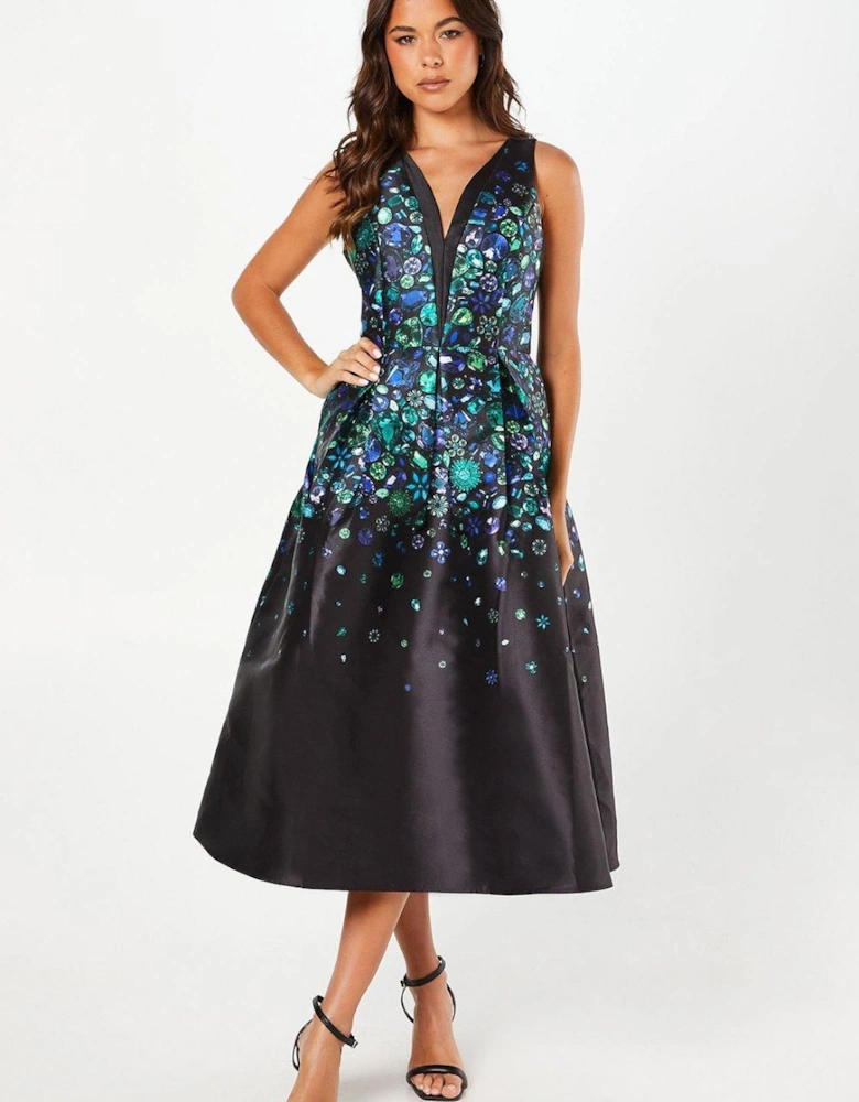 Plunge Neck Jewel Print Twill Midi Dress