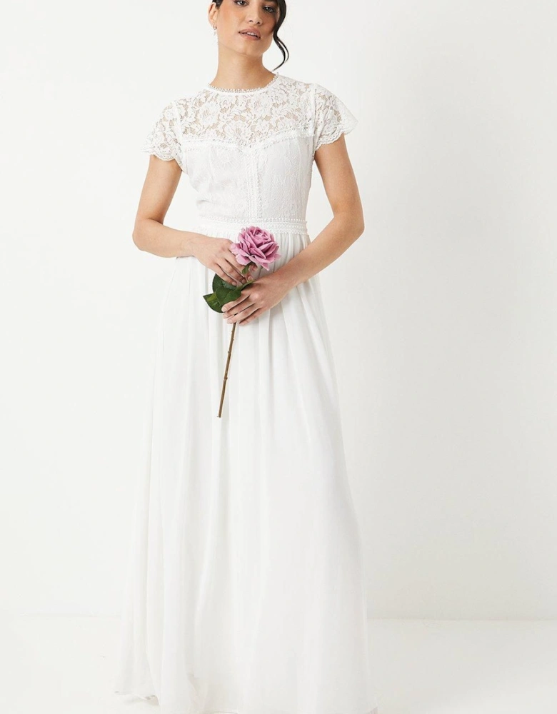 Short Sleeve Eyelash Lace Bodice Wedding Dress